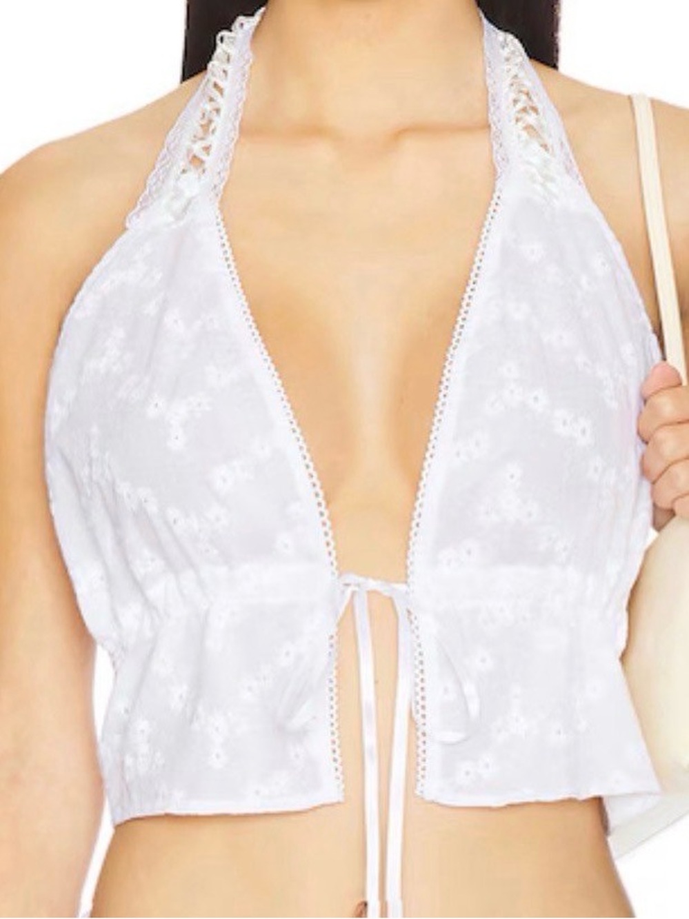 White Eyelet Halter Tie-Front Crop Top